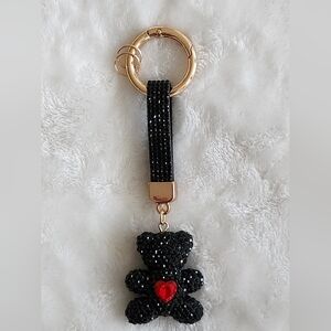 Black Beaded Bear With Red Heart Keychain with Gold Ring